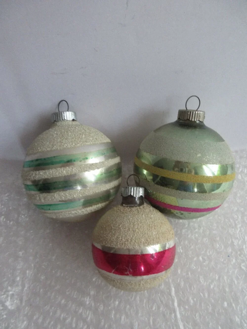 3 Shiny Brite Striped Mica Glass Christmas Ornaments Green, Pink, White Vtg